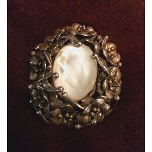 Art Nouveau Jewelry, Big Brutalist Pendant, Mother of Pearl, Sterling Silver Pin